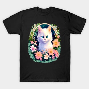 Beautiful White Kitten Surrounded by Spring Flowers T-Shirt